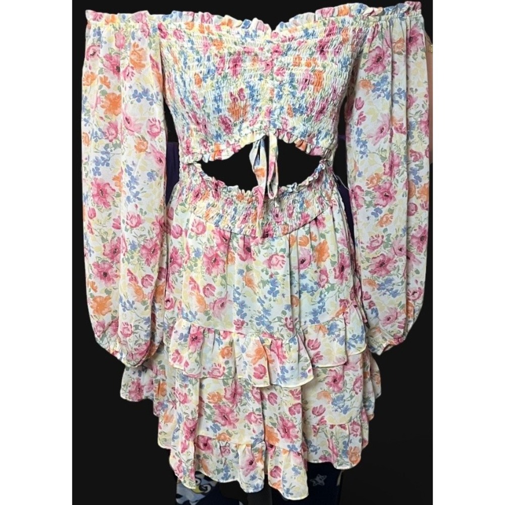Privy Preppy Floral Smocked Off Shoulder Cutout Mini Dress Pink Tea Party Sz M